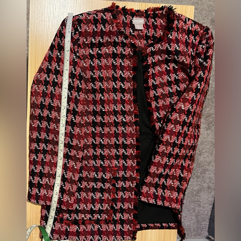 Chico’s Red Black Tweed Houndstooth Fringe Jacket Blazer 1P Office Wear Holiday - Picture 12 of 12
